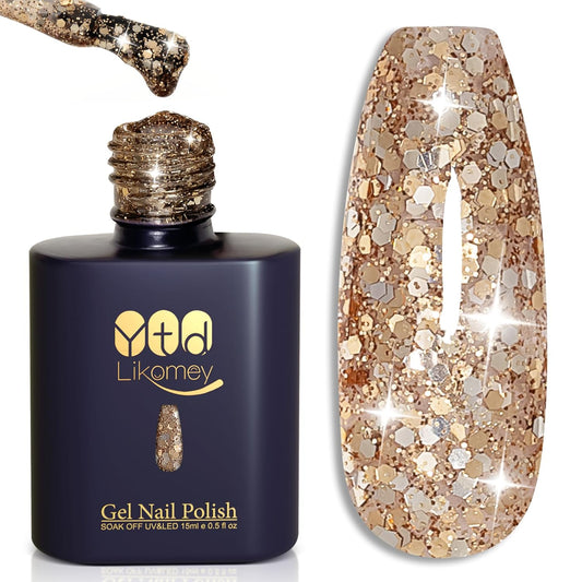 YTD Likomey Glitter Gel Nail Polish,15ml Champagne Gold Glitter Fall Winter Shiny Sparkly Salon Home DIY Manicure UV Color Varnish,SF399