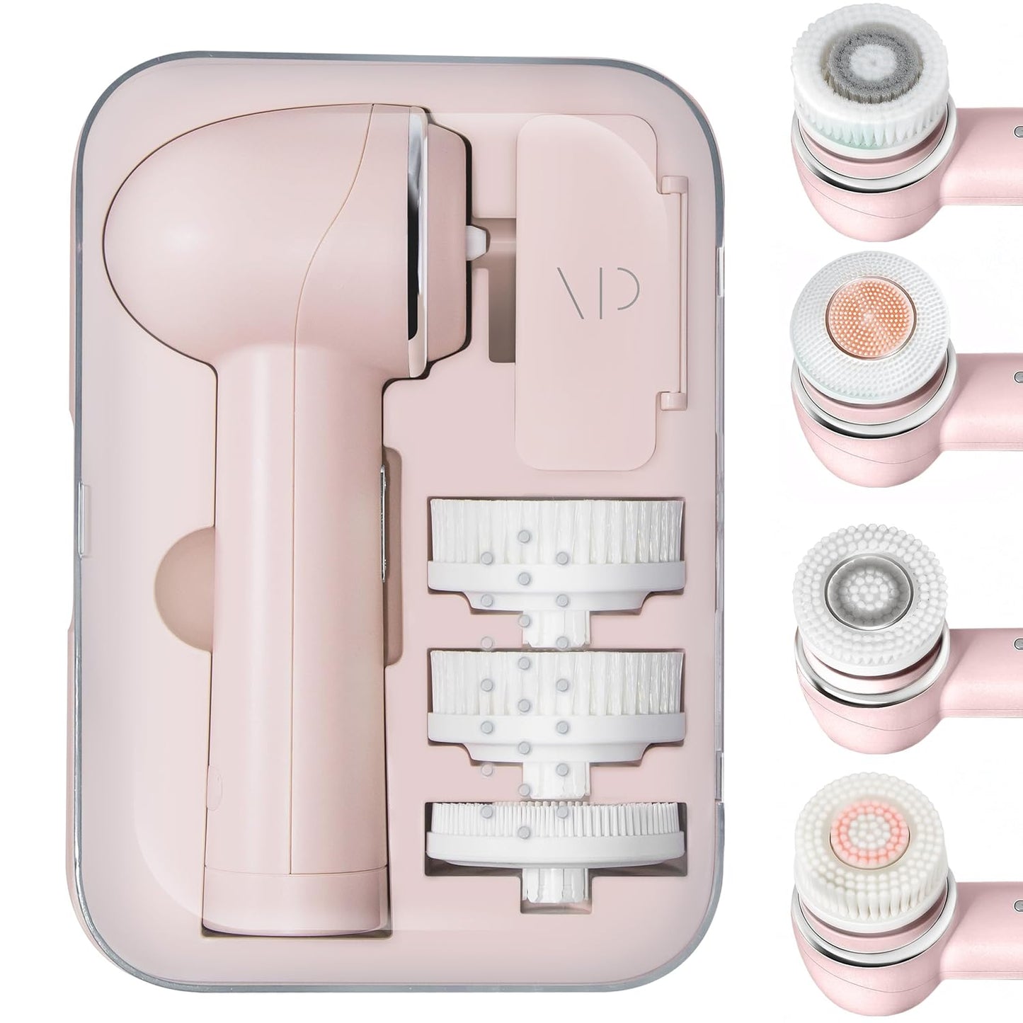 Vanity Planet Raedia 2.0 Facial Cleansing Brush, 4 Interchangeable Brush Heads, Pink - Daily Cleansing Face Exfoliator for Glowing & Acne Prone Skin - Lightweight Silicone Water-Resistant Body Brush