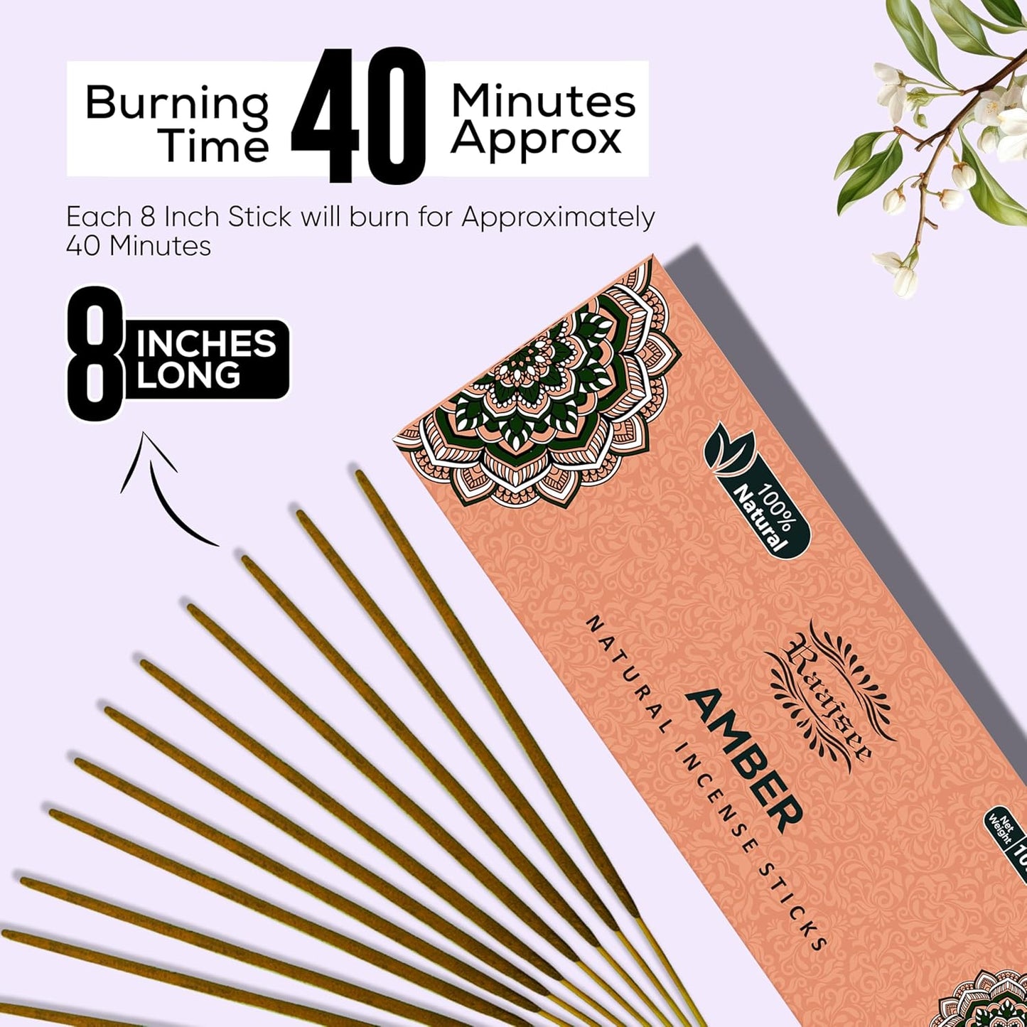 Raajsee Amber Incense Sticks 100 Gm Pack-100% Pure Organic - Natural Hand Rolled Free from Chemicals-Insence for Church,Relaxation, Meditation & Sensual Therapy