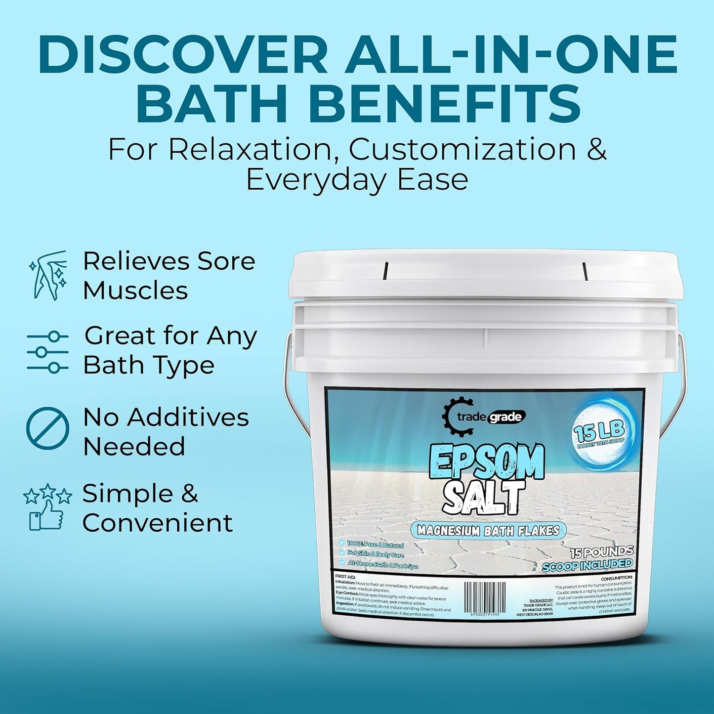 Epsom Salt Bath Soak 15 lb Bucket – Unscented, Pure Epsom Salt Bulk Crystals, Magnesium Sulfate for Full Body or Foot Soaks, Resealable Container with Scoop for Home Bath Use