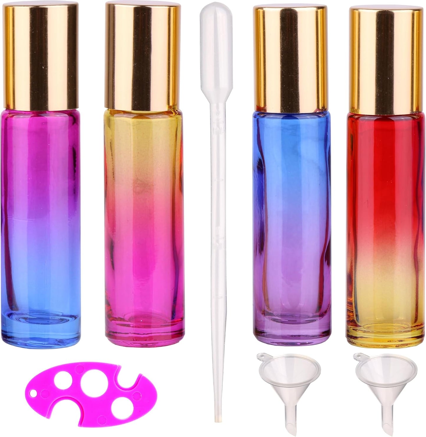 inice 4 Pack 10ml Roller Bottles for Essential Oils,Gradient Color Glass Bottle Roll on Stainless Steel Ball with Golden Metal Cap