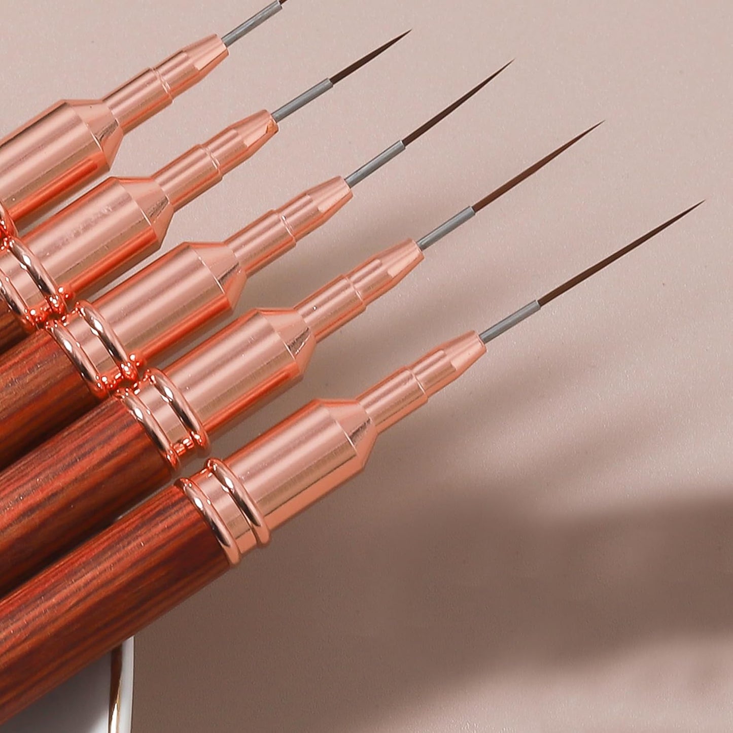 Wooden Nail Art Brushes, 5Pcs Nail Art Liner Brushes, Painting Art Design Brush Set Nail Dotting Drawing Tool for Long Lines, Thin Details, Fine Drawing Sizes 6/9/12/15/18mm, Rose gold