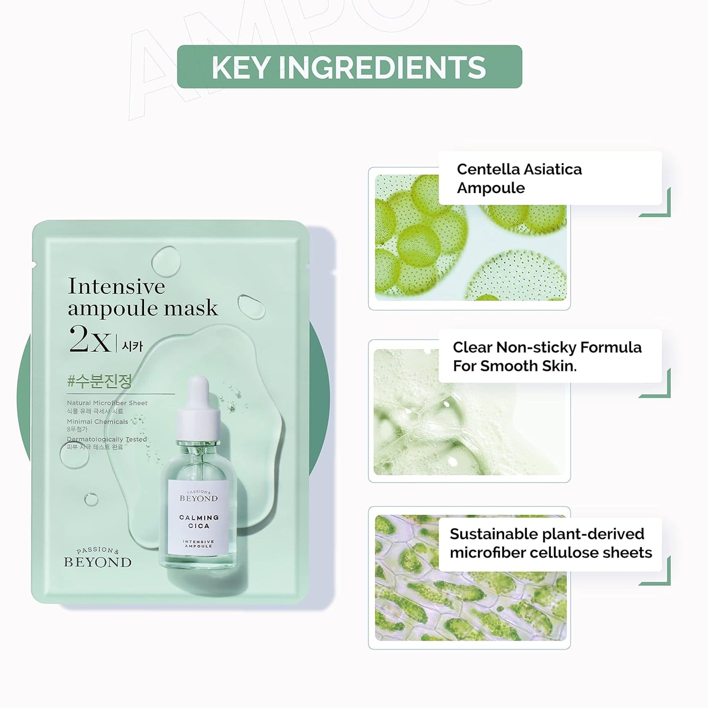 BEYOND Intensive Ampoule Mask 2X Cica with Centella Asiatica for Soothing/Moisturizing Care for Irritated and Sensitive Skin - Hypoallergenic Calming Facial Sheet Masks