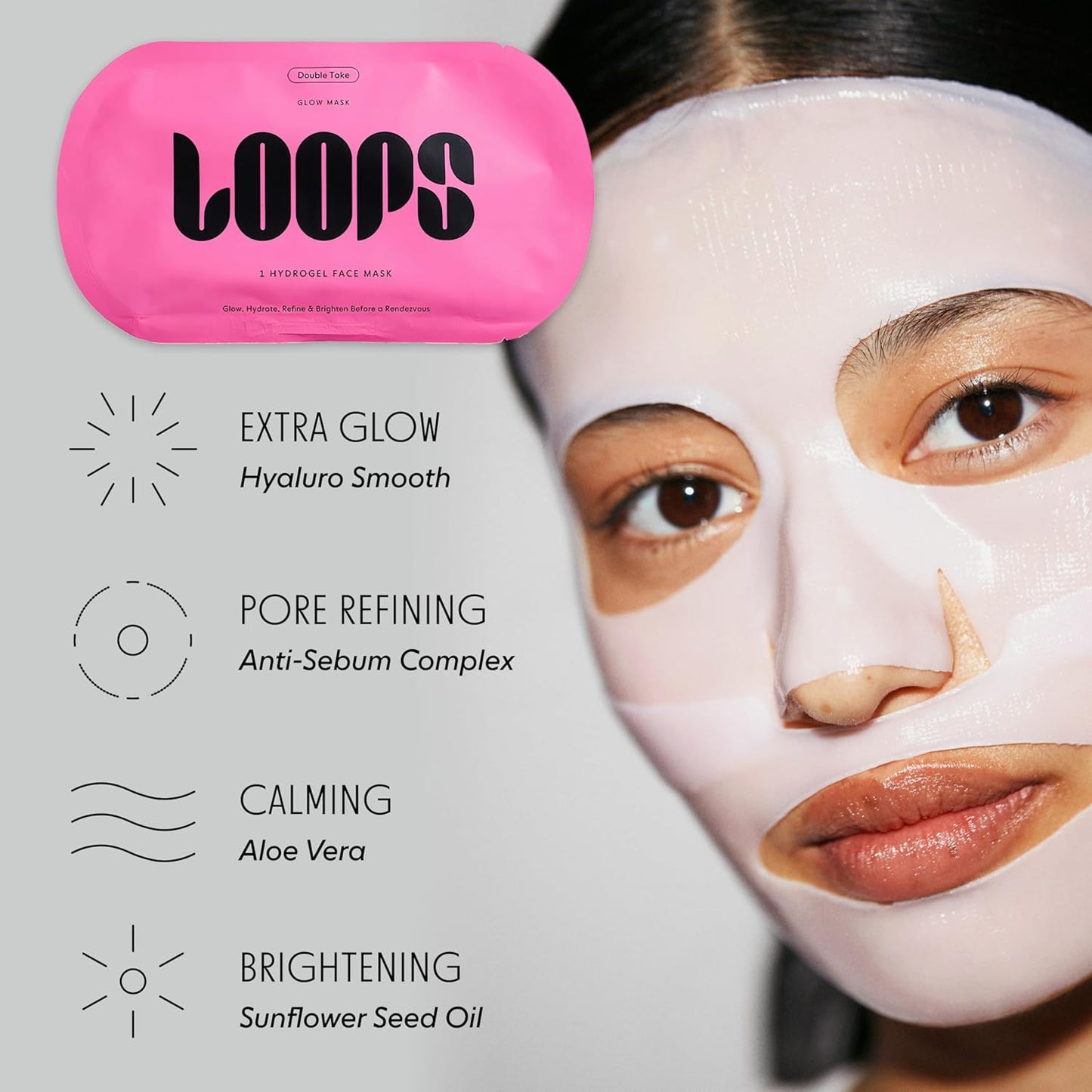 LOOPS DOUBLE TAKE - Glow Hydrogel Korean Face Mask - Calms & Soothes Skin’s Surface - Helps Refine Pores & Brighten Face, Glowing and Luminous - For All Skin Types - 5 pc