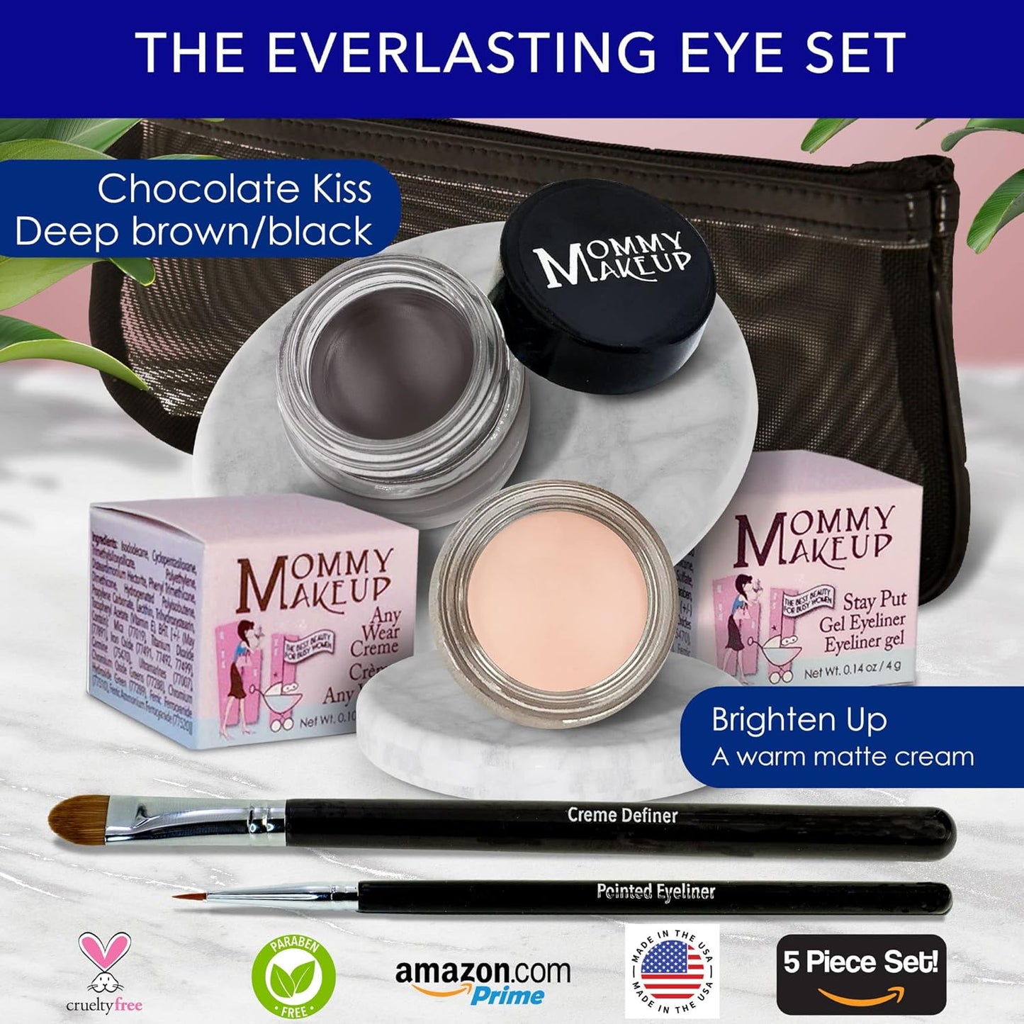 The Everlasting Eye 5 Piece Waterproof Makeup Set. Gel Eyeliner, Creme Eyeshadow, 2 brushes and Mesh Bag. Paraben-free, Talc-free, Cruelty-free. Brighten Up/Chocolate Kiss 2202
