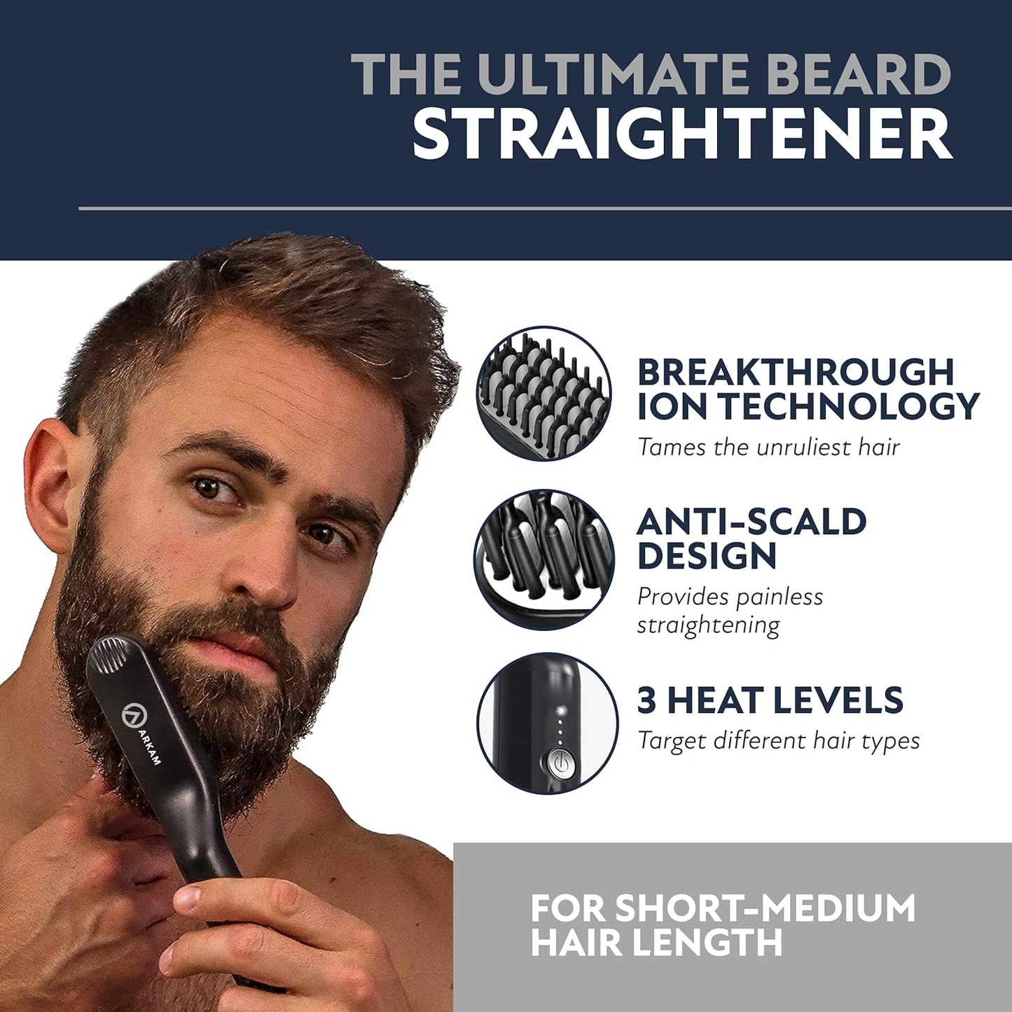 Arkam Beard Straightener for Men - Original Heated Beard Brush Kit w/Anti-Scald Feature, Dual Action Hair Comb and Travel Bag for Short to Medium Beards -Costume Accessories and Grooming Gifts for Men