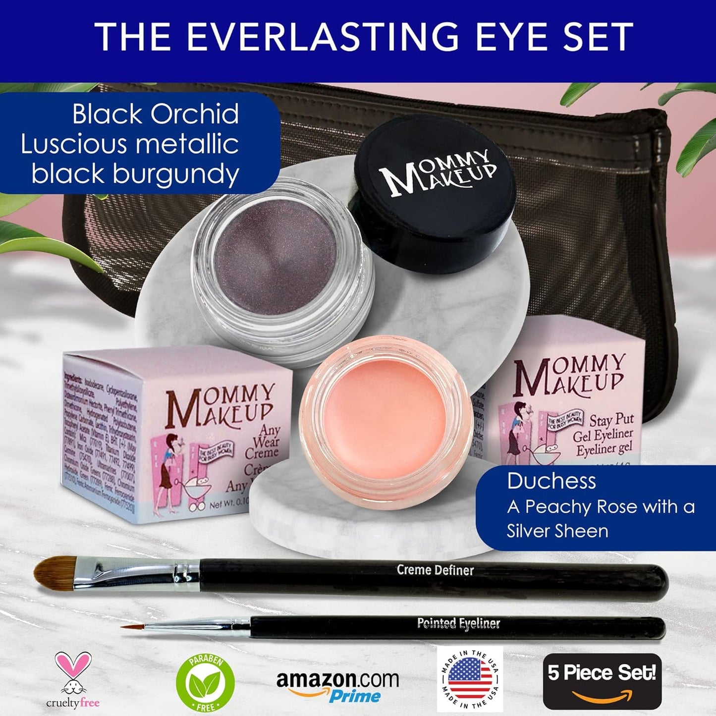 The Everlasting Eye 5 Piece Waterproof Makeup Set. Gel Eyeliner, Creme Eyeshadow, 2 brushes and Mesh Bag. Paraben-free, Talc-free, Cruelty-free. Duchess/Black Orchid 1708