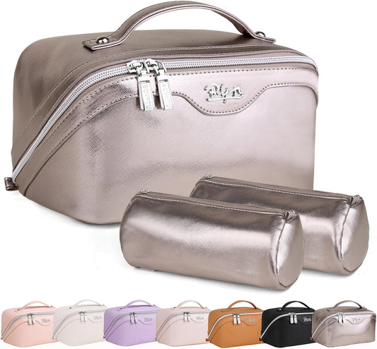 BOYATU Travel Makeup Bags for Women: Vegan Leather Cosmetic Bag Set of 3 - Large Capacity Make up Bag with Divider - Wide Open Waterproof Toiletry Organizer Bag with Handle (05-Gray)