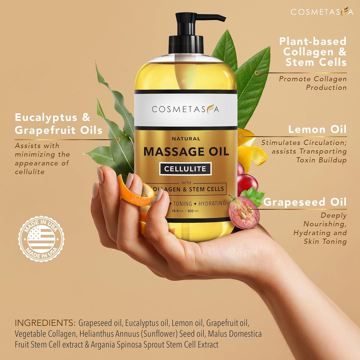 Large Cellulite Massage Oil with Collagen & Stem Cells- 100% Natural Cellulite Oil, Highly Absorbable, Deeply Penetrates The Skin- Firms, Tones, Tightens & Moisturizes Skin by Cosmetasa (16.9 oz)