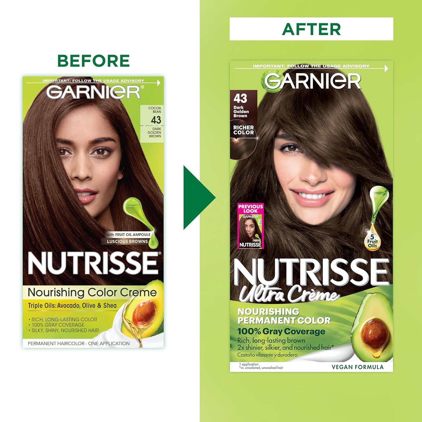 Garnier Hair Color Nutrisse Nourishing Creme, 43 Dark Golden Brown (Cocoa Bean) Permanent Hair Dye, 1 Count (Packaging May Vary)