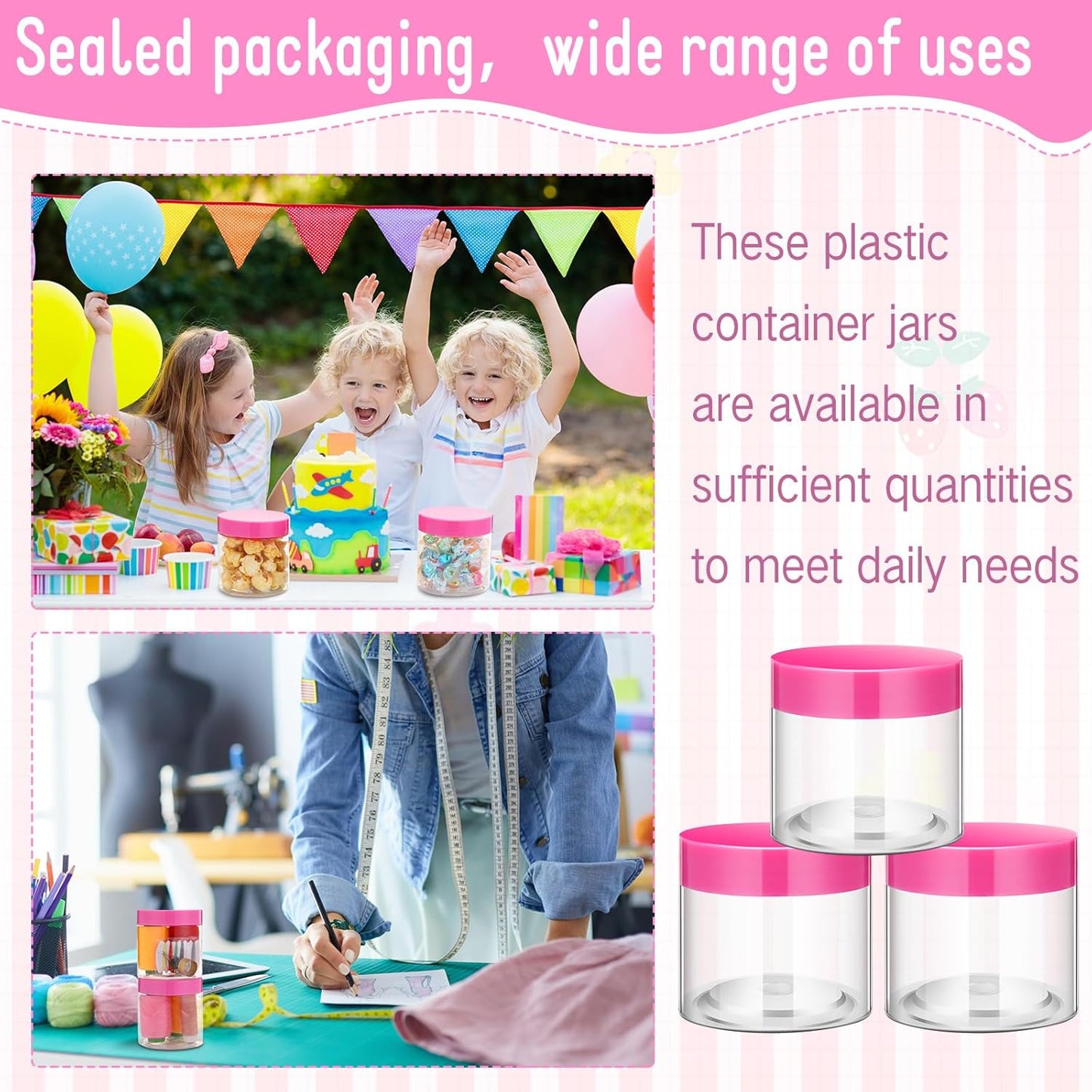 SATINIOR 100 Pcs Plastic Jars with Lids Small Containers Lids Wide Mouth Small Plastic Containers for Lotion Cream Rhinestones Body Butters Travel Storage(8 oz, Pink)