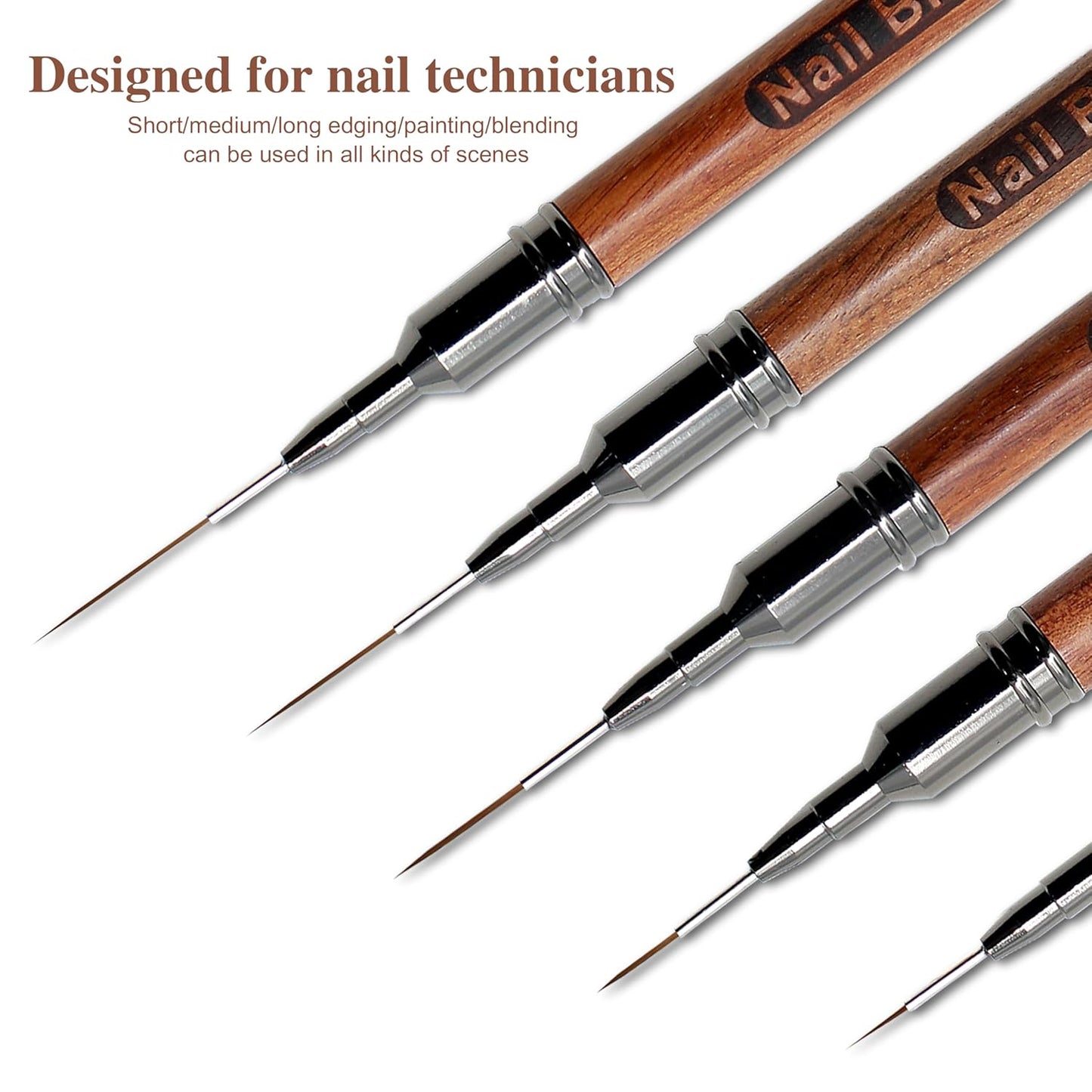 Nail Art Brushes, 5Pcs Wooden Nail Art Liner Brushes,Natural color,Painting Art Design Brush Set Nail Dotting Drawing Tool For Long Lines, Thin Details, Fine Drawing Sizes 6/9/12/15/18mm