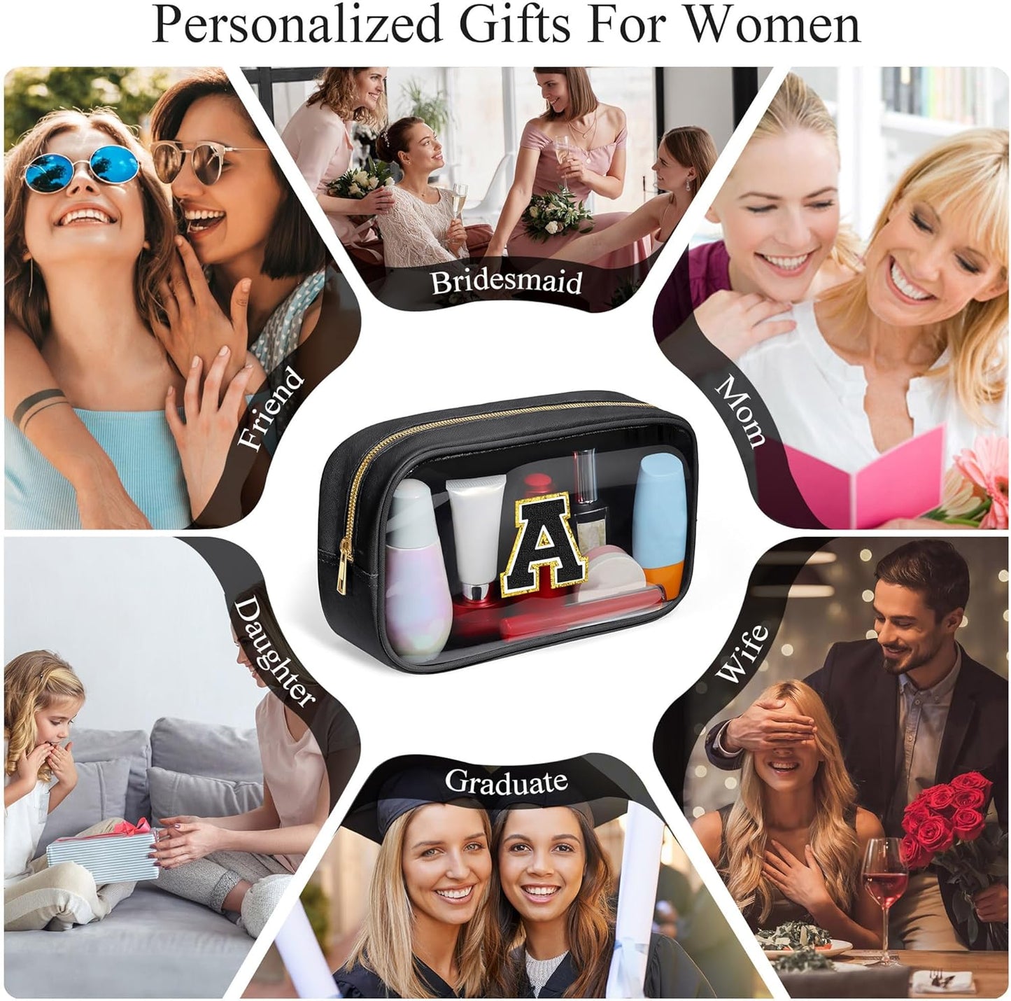 YOOLIFE Travel Clear Makeup Bag Toiletry Bag, Make up Bag Waterproof Toiletry Bags for Women Cosmetic Bag Birthday Gifts for Women Personalized Mother Girlfriend Wife Bridesmaid Gifts Black Letter G