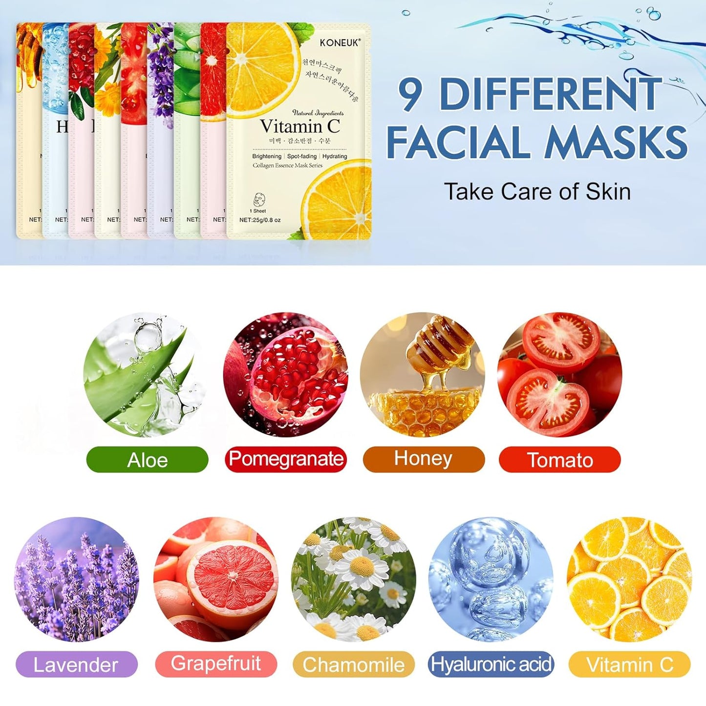 9 Pack Collagen Face Masks Skincare for Women, Hydrating Sheet Face Masks Suitable for All Skin Types, Bulk Facial Masks for Women Skin Care, Face Mask Gifts Set for Spa Party