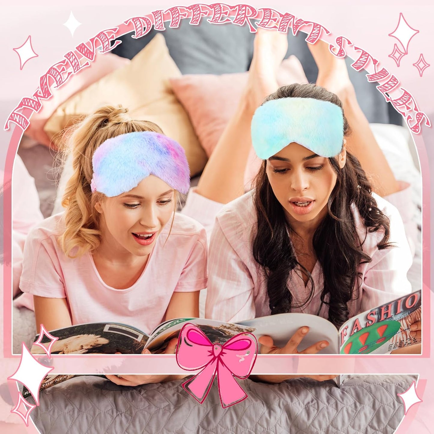 Newcotte 24 Pcs Sleepover Party Supplies for Girls, Includes 12 Pcs Plush Sleep Eye Mask and 12 Pcs Bow Hair Band, Plush Bow Headbands, Fur Face Wash Headband Faux Fur Mask for Women (Lovely Style)