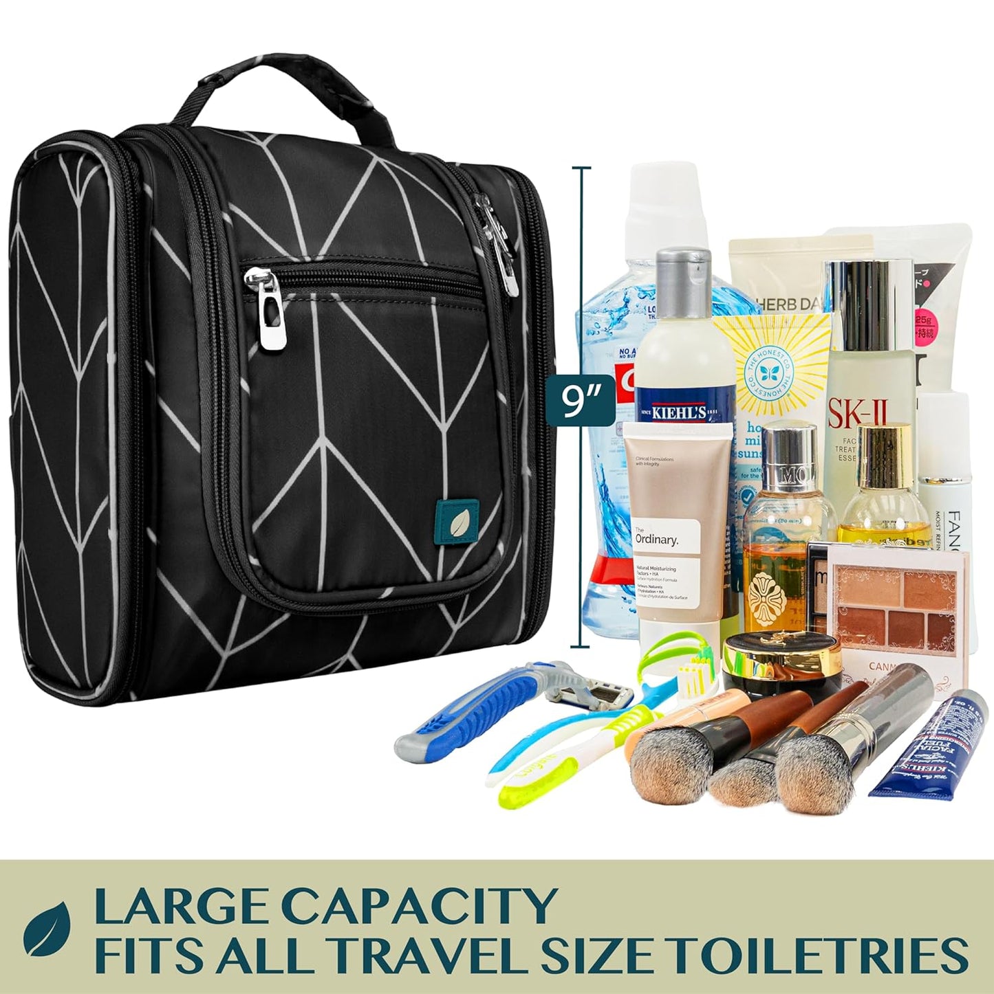 PAVILIA Toiletry Bag Travel Bag for Women Men, Hanging Cosmetic Organizer, Water Resistant Makeup Bag for Accessories Toiletries, Large Travel Essentials Kit (Black Chevron)