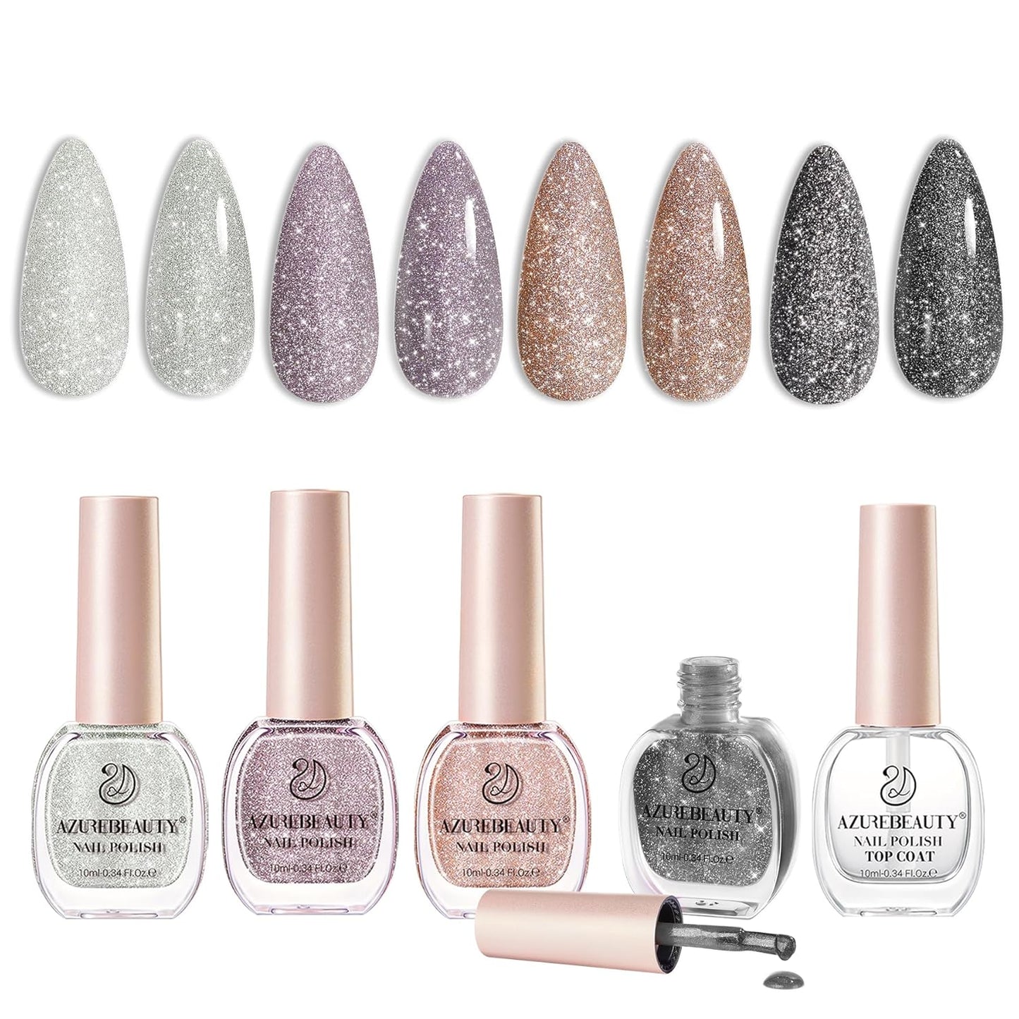 AZUREBEAUTY Matte Glitter Nail Polish Set 4 Colors Diamond Platinum Silver Purple Black Nude Nail Polish Quick Dry Natural Nail Kit with Top Coat DIY Salon Home