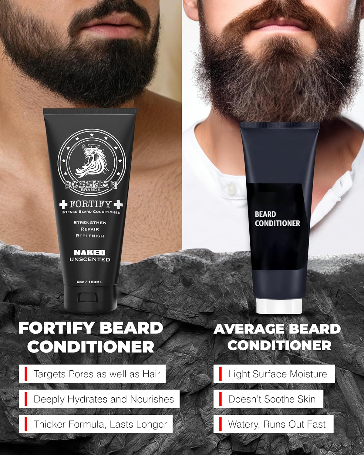 Bossman Fortify Intense Beard Conditioner for Men (Naked - Unscented) – Moisturizes, Replenishes & Protects with Natural Ingredients – Thicker Formula, Made in USA