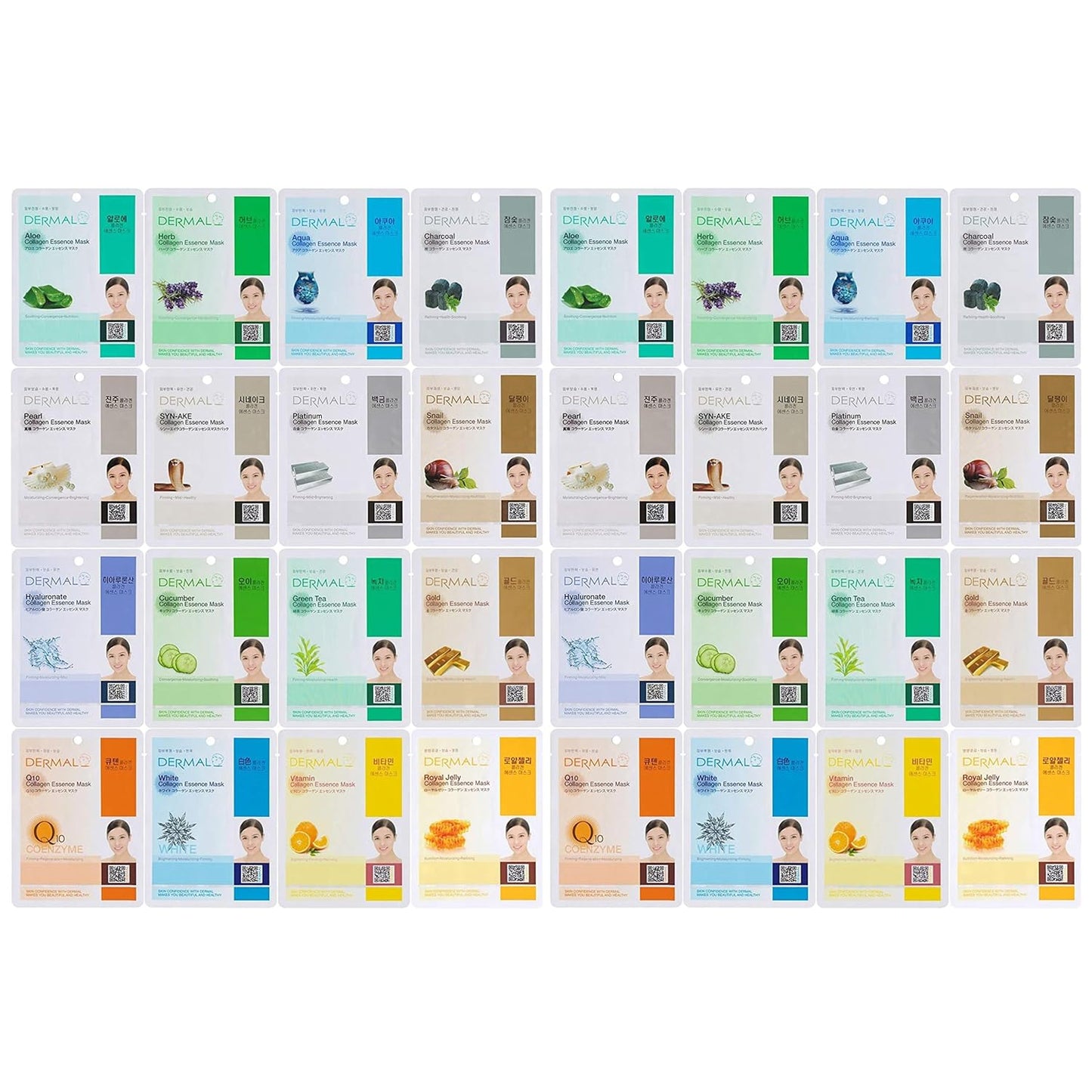 DERMAL Korean Collagen Face Mask – Hydrating & Soothing Sheet Mask with Panthenol – Hypoallergenic Calming Moisture Care for All Skin Types – 32 Combo Pack