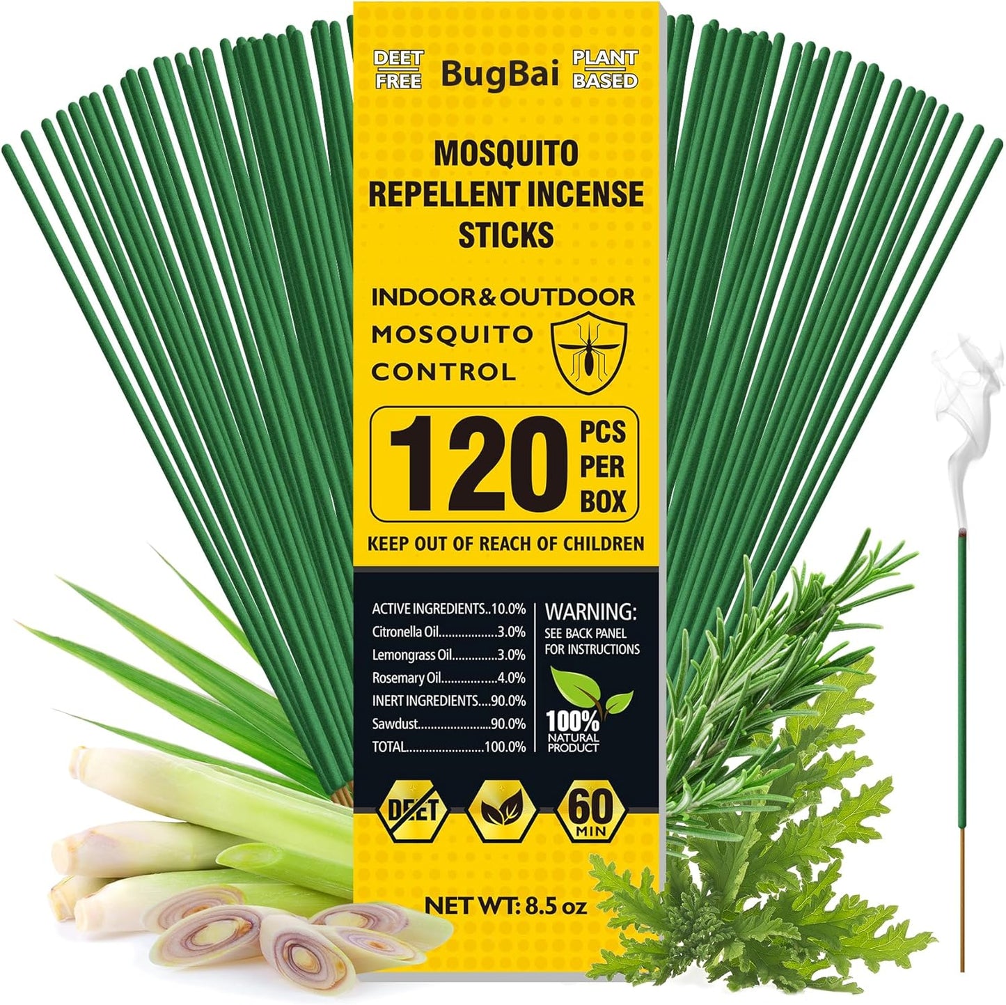 BugBai® Mosquito Repellent Outdoor Patio 120 PCS, Citronella Oil Mosquito Incense Sticks Indoor Home Pet Family Safe, Natural Plant-Based Bug Insect Barrier for Yard Garden Lawn Camping Fishing