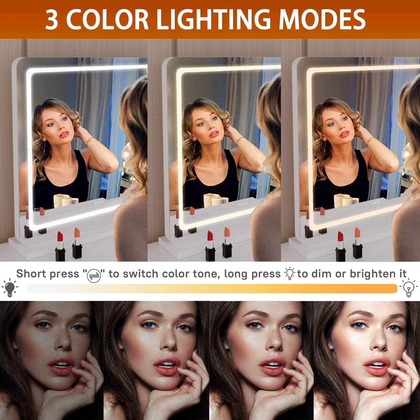 Hasipu Vanity Mirror with Lights, 22.8" x 18" LED Makeup Mirror, Lighted Makeup Mirror with Dimmable 3 Modes, Touch Screen Control Vanity Mirror Round White