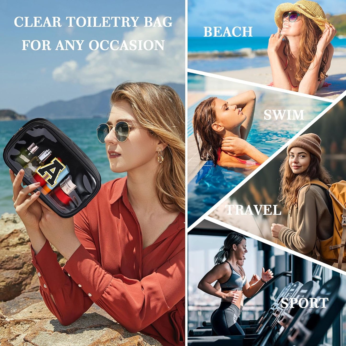 YOOLIFE Travel Clear Makeup Bag Toiletry Bag, Make up Bag Waterproof Toiletry Bags for Women Cosmetic Bag Birthday Gifts for Women Personalized Mother Girlfriend Wife Bridesmaid Gifts Black Letter G