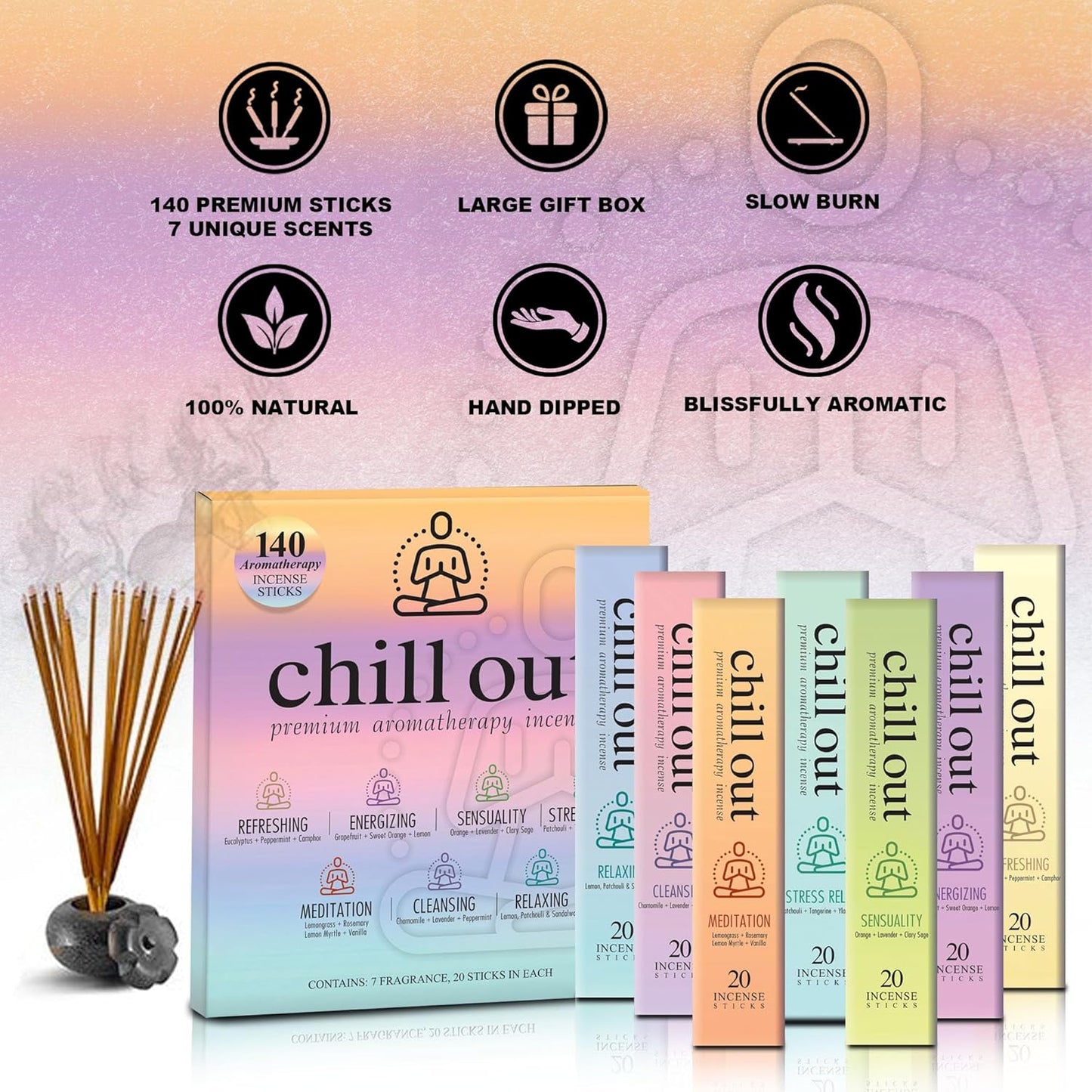 Mecka Chill Out Aromatherapy Incense Sticks Gift Set | Set of 7 Unique Scents- 140 Insence-Sticks for Yoga, Relaxation, Meditation & Positivity | Premium Organic and Slow Burning Insenses