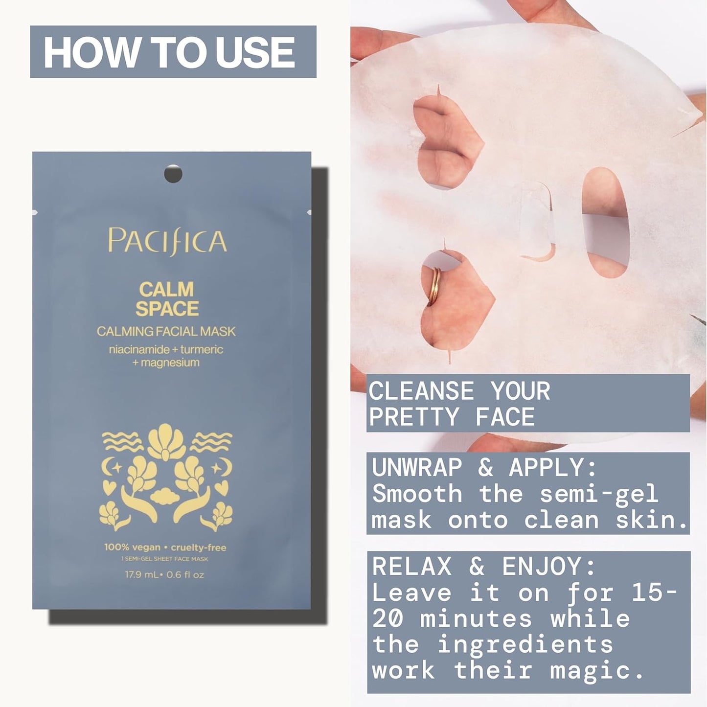 Pacifica Sheet Face Mask - Calm Space - Calming Facial Mask - Niacinamide & Turmeric Soothing Face Mask for Irritated Skin Clean Beauty Vegan & Cruelty-Free Dermatologist Tested