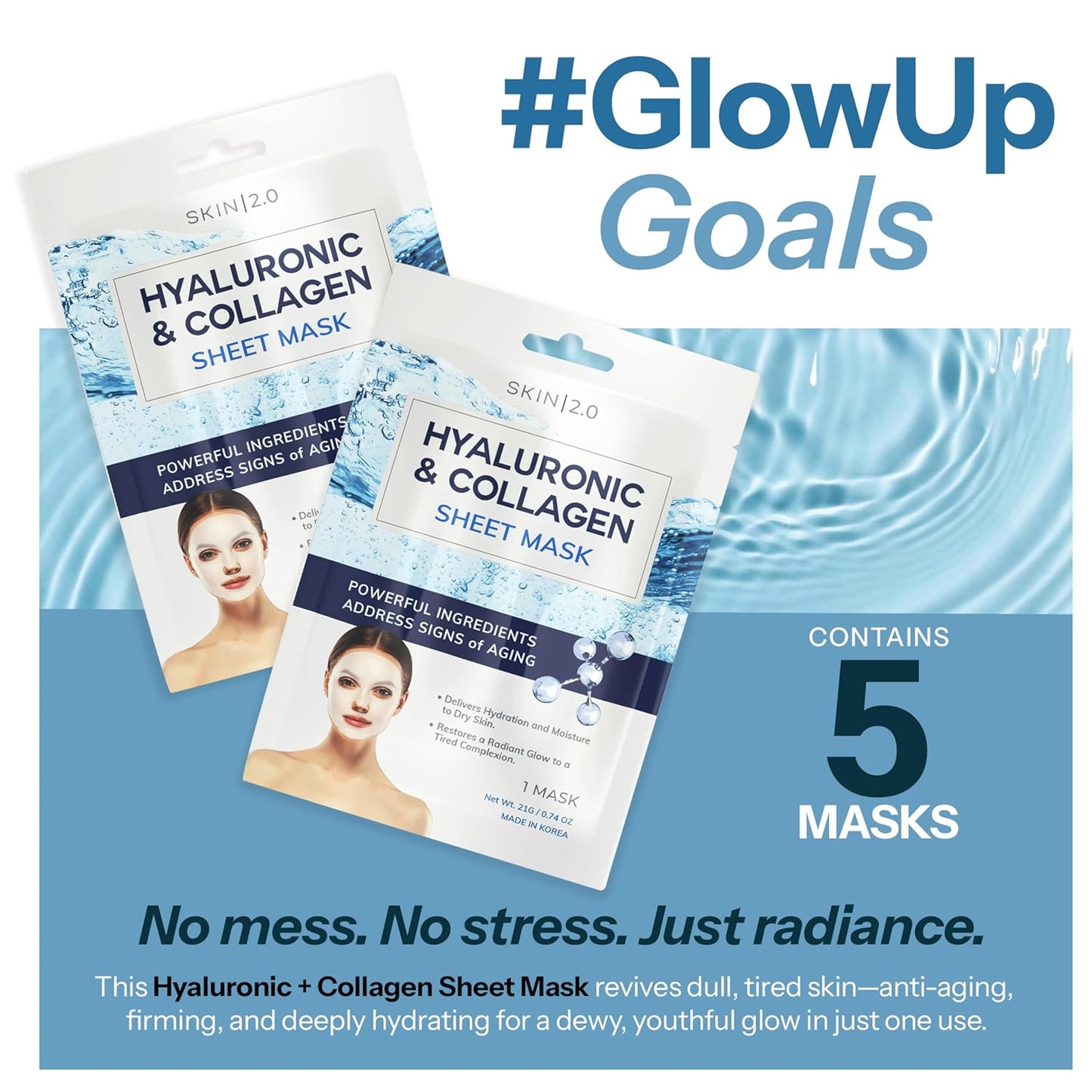 Hyaluronic Acid & Collagen Sheet Mask - Hydrating, Anti-Aging, Firming - Dermatologist Tested Korean Skincare - Clean Beauty, Natural Ingredients, Cruelty-Free, All Skin Types - 5 Masks