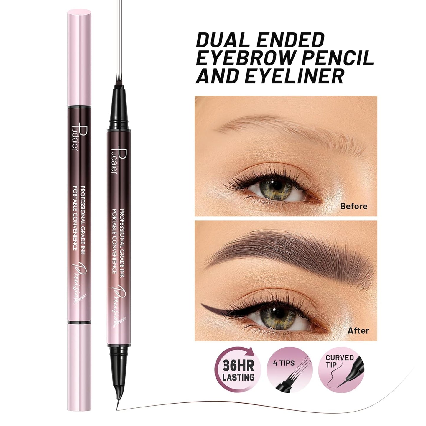 Eyebrow Pen, Waterproof Microblading Eyebrow Pencil, 2-in-1 Dual-Ended 4 Tip Eye Brow Makeup Pen for Women with Precise Curved Brush-Tip Create Natural Hair-Like Brows, Last All-Day (Cool Brown)