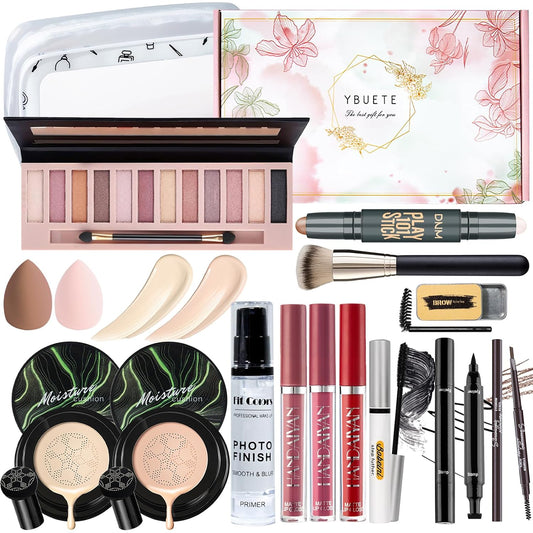 Makeup Kit Set for Women, Makeup Present for Women Teen Girl, Eyeshadow CC Cream Foundation Face Primer, Makeup Brush Sponge, Lipstick, Eyebrow Soap Pencil Mascara Eyeliner Cosmetic bag