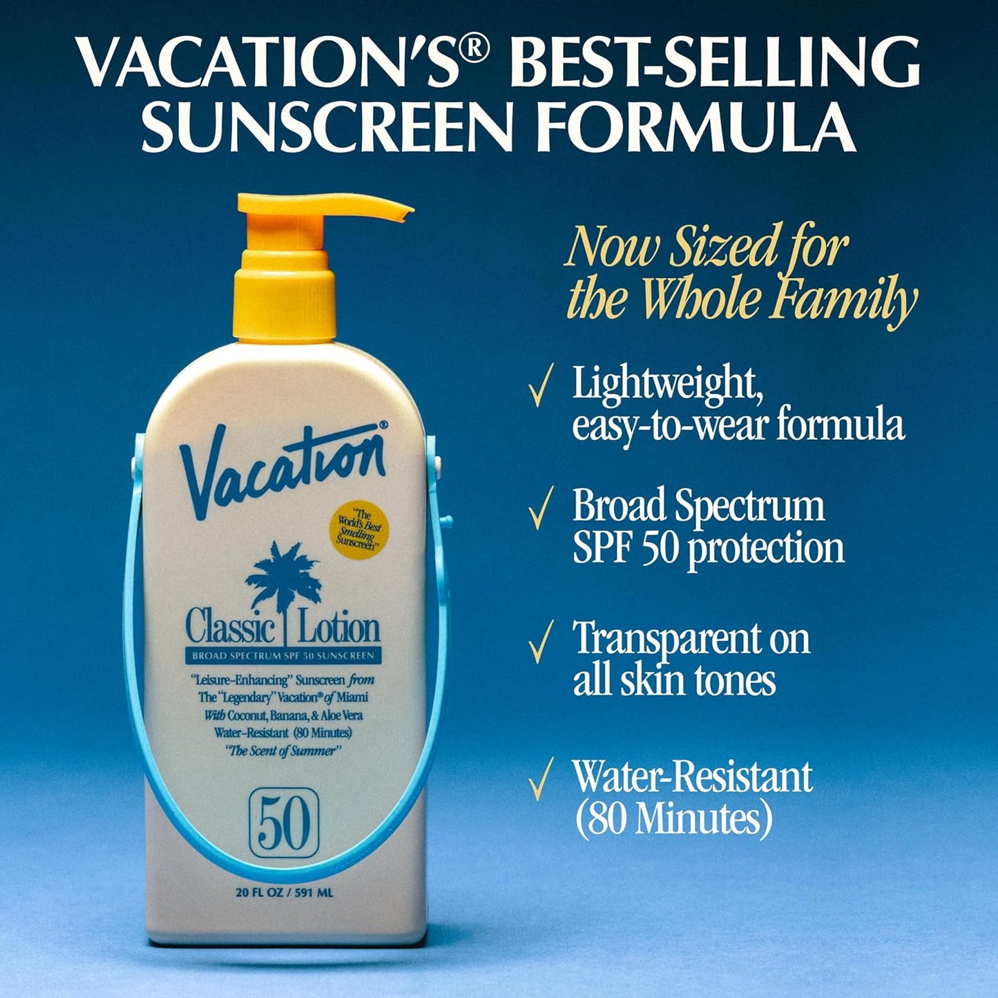 Vacation Classic Lotion SPF 50 Sun Jug, Broad Spectrum Bulk Sunscreen SPF 50, Water Resistant Sunblock, Suntan Lotion with Pump, Vegan, Family-Size, 20 Fl. Oz.