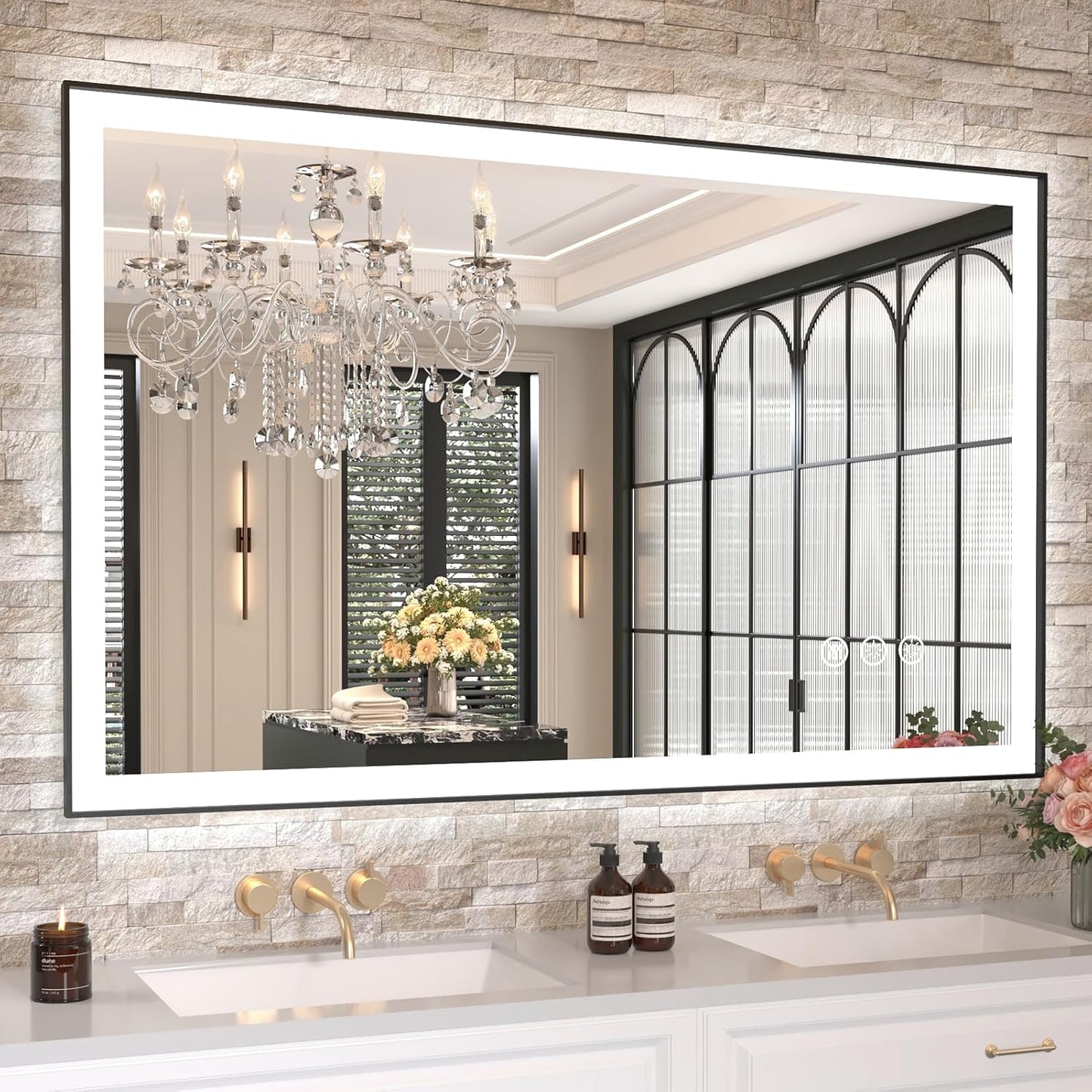 Amorho 48" X30" LED Bathroom Mirror with Black Frame, Front Light and Backlit(Controlled Separately), Stepless Dimmable, Anti-Fog, Shatter-Proof, 3 Colors, Memory