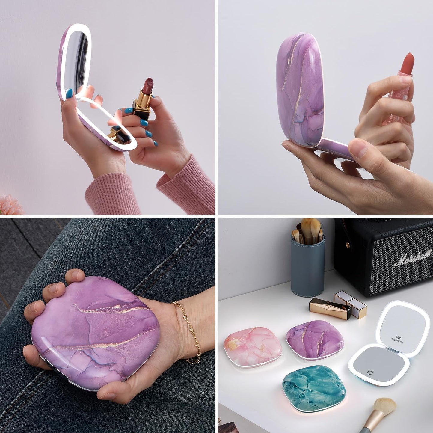 Mocado Compact LED Travel Makeup Mirror - 4 Inches 1X/10X Magnification Travel Mirror with Light Dimmable Double Sides Lighted USB Rechargeable Compact Mirror for Purse,Pocket,Travel(Purple Marble)