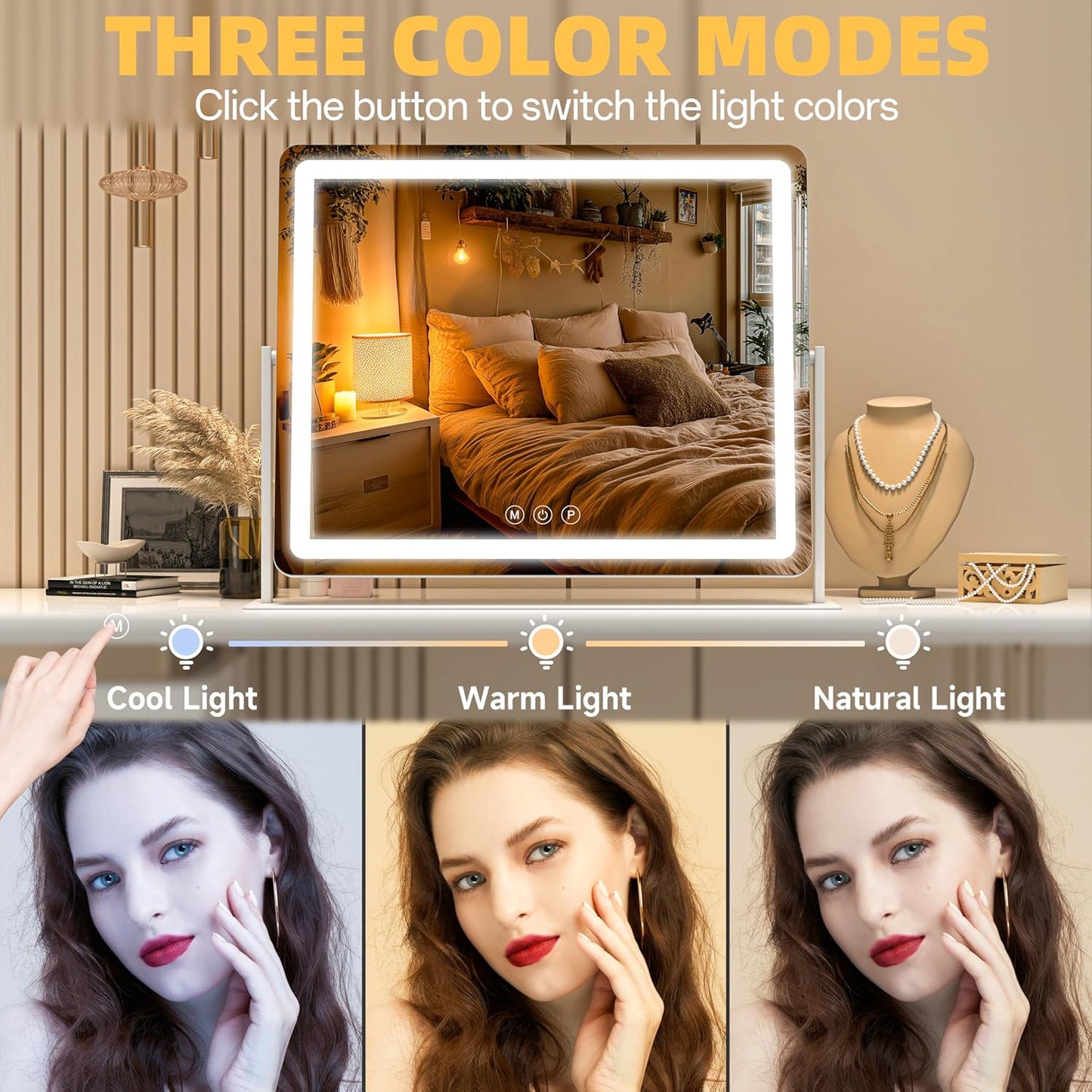 Vanity Mirror with Lights, 34'' x 25.6'' Lighted Makeup Mirror, Touch Screen with 3-Color Lighting, Dimmable for Vanity Desk Tabletop Round White
