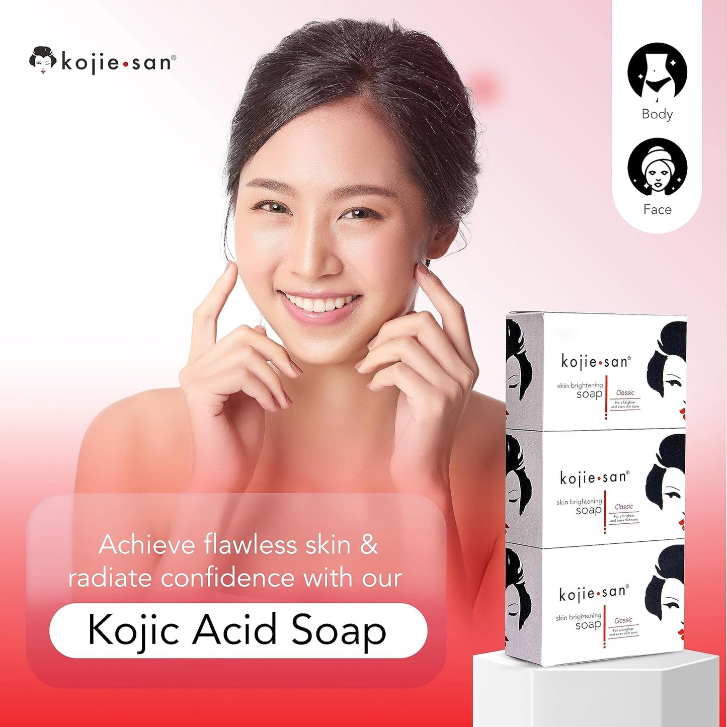 Kojie San Face & Body Complete Brightening Set - 3 x 100g Bars Soap, Body Lotion, Face Cream, Toner, and Face Cleansing Brush - 7pcs