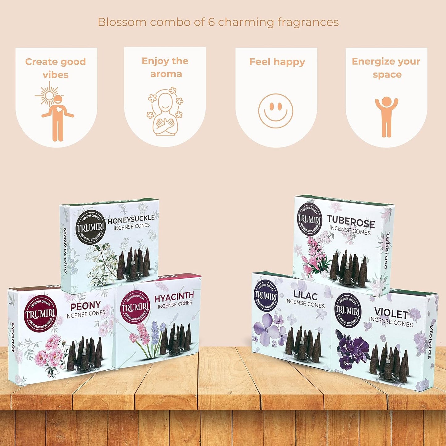 TRUMIRI Blossom Incense Cones - Variety Pack - Total 60 Cone Incense (6 Scents x 10 Conos) - Peony, Lilac, Violet, Honeysuckle, Hyacinth, Tuberose - Cone Incense Scents - Insense Cones - Incent Cone
