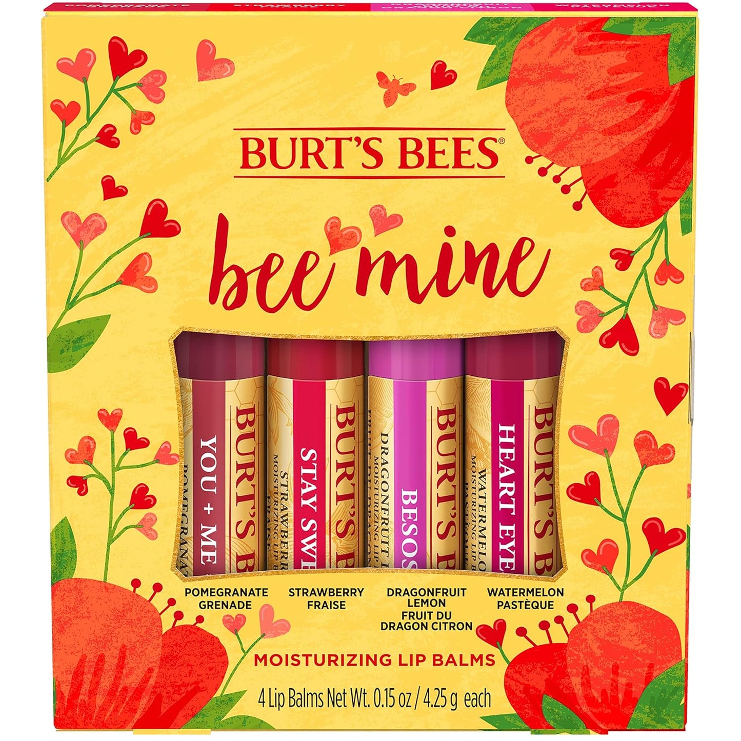 Burt's Bees Bee Mine Lip Balm Gift Set, Strawberry, Dragonfruit Lemon, Pomegranate and Watermelon, 4 Personalized Lip Balms, Pack May Vary