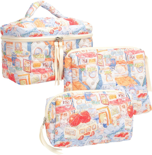 PAZIMIIK 3PCS Makeup Bag SET Large Travel Quilted Zipper Soft Cosmetic Case Pouch for Women Girls Make Up,Little Bunny