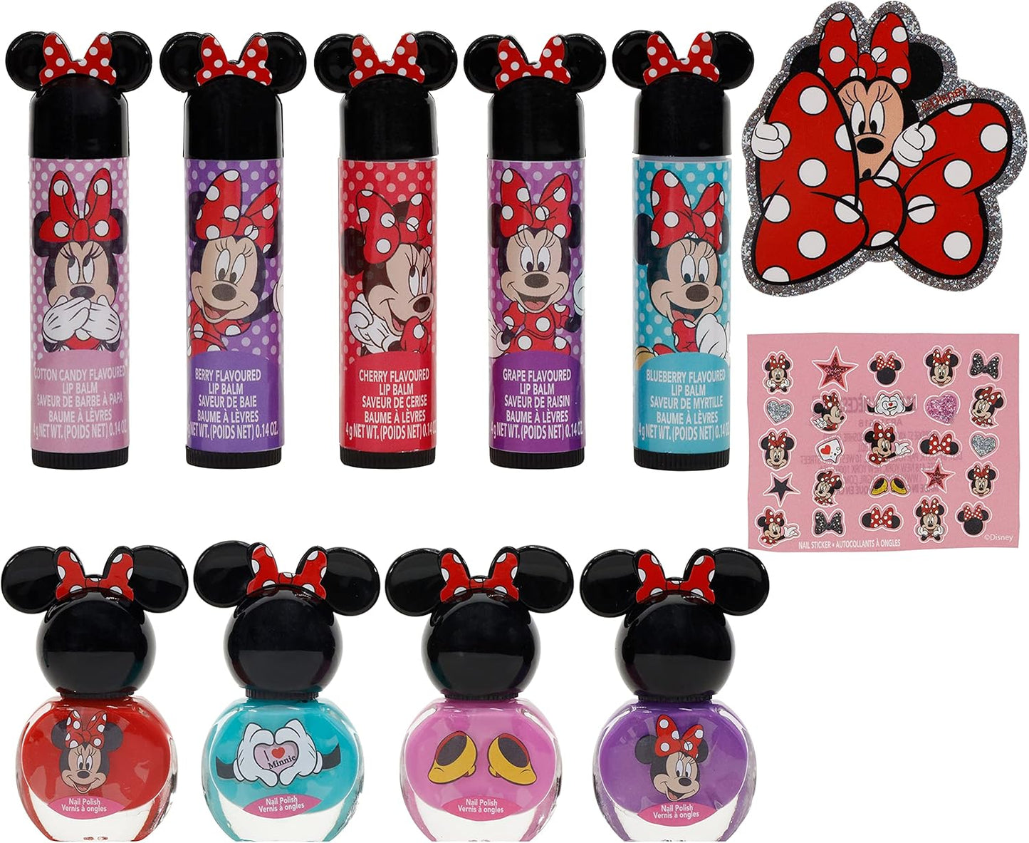 Townley Girl Disney Minnie Mouse Sparkly Cosmetic Makeup Set for Girls with Lip Balm Nail Polish Nail Stickers-35 Pcs|Perfect for Parties Sleepovers Makeovers|Birthday Gift for Girls above 3 Yrs, Kid