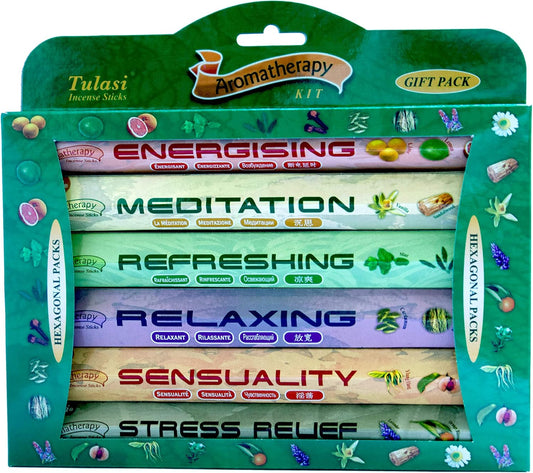 Tulasi Premium Aromatherapy Incense Sticks - Energising, Relaxing, Refreshing, Sensuality, Meditation & Stress Relief Mixed Scents, Hand Rolled with Natural Oils 120 Incense Sticks, 6 in 1 Gift Pack