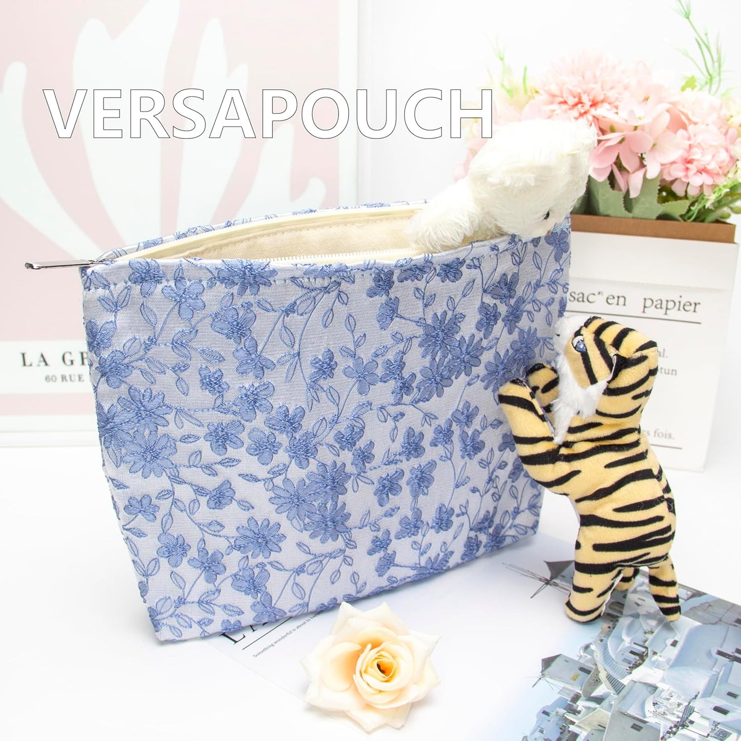 PAZIMIIK Makeup Bag Large Cotton Zipper Pouch for Purse Travel Canvas Make Up Organizer for Women Cosmetic,Brocade Silver