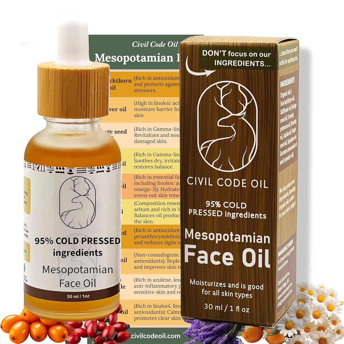 Civil Code Mesopotamian Face Oil – Organic Anti Aging Facial Oil for Women with Sea Buckthorn, Jojoba, Squalane & Lavender – Hydrating Skin Care for Dry Skin & Fine Lines – Natural Skincare 1oz